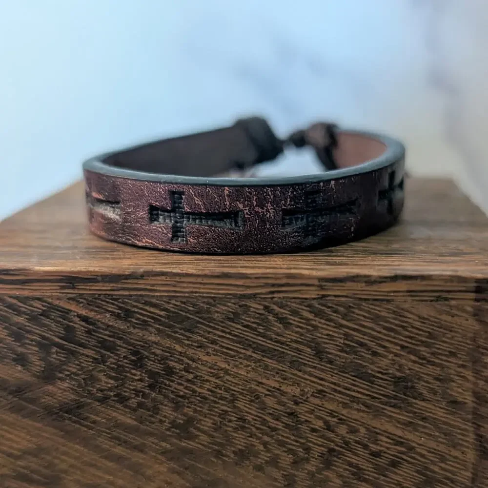 Brown Adjustable Bracelet with Embossed Cross - Fair Condition